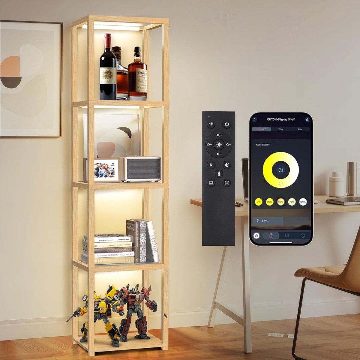 Glazen Vitrinekast met LED Verlichting 170 cm – Dimbare Vloerlamp met App & Afstandsbediening – Moderne Boekenkast met 5 Planken – Zwart/Hout
