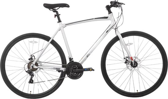 Zilveren racefiets met zwart zadel, stuur en wielen. Heeft een lichtgewicht aluminium frame.