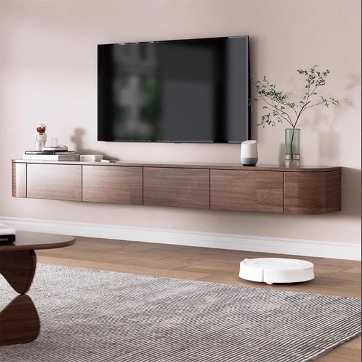 Luxe Zwevend TV Meubel 180 x 30 x 20 cm met LED Verlichting, Massief Houten Wand TV Kast met Deur en Grote Opbergruimte, Modern Scandinavisch Design TV Console voor Woonkamer & Slaapkamer