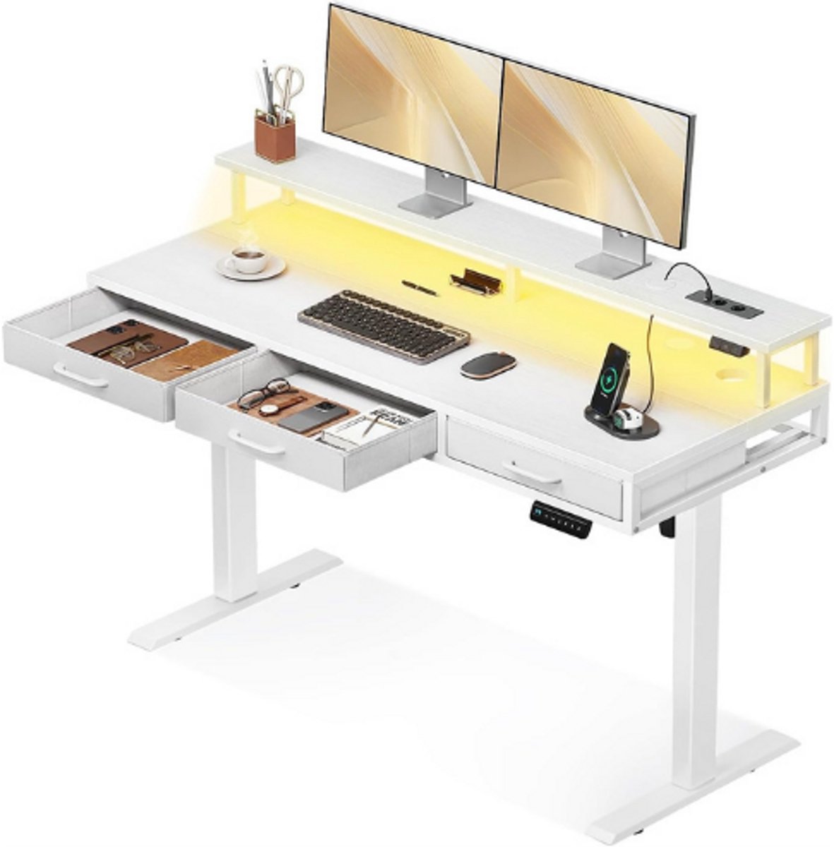 OffiGo Elektrisch Sta Bureau 140 Cm - In Hoogte Verstelbaar Bureau Met Laden En Monitorstandaard - Stopcontacten En LED Lichtlijst - Ergonomische Zit Sta Werkplek - Wit Bureau Voor Thuiswerk En Kantoor