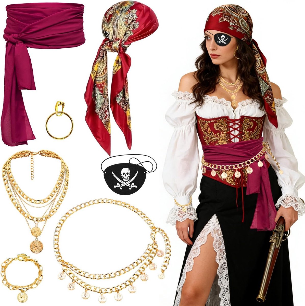 Complete Piraten Kostuum Accessoires Set voor Vrouwen met Hoofddoek, Sieraden en Masker - Perfect voor Halloween en Piratenfeesten