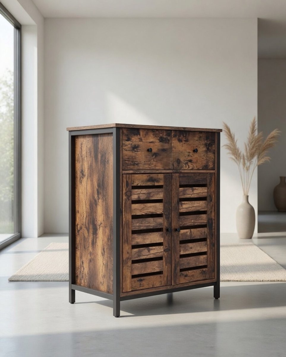 Bodemkast, vrijstaande kast met 1 lade en plank, keukenkast, lamellendeuren, voor woonkamer, hal, kantoor, slaapkamer, rustiek bruin LSC86BX-Mobili Bella