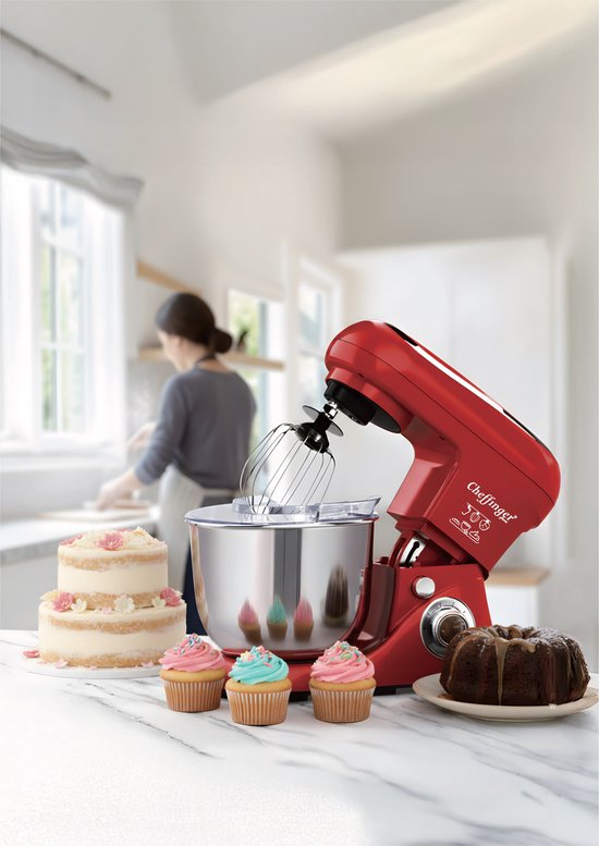 Cheffinger Keukenmixer - Rood - 6.5L Mengkom - Keukenrobot - 3 Accessoires - Keukenmachine - 1600W van Merkloos — afbeelding 2