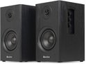 Twee zwarte houten boekenplank speakers, met een deel van de bedieningsknoppen zichtbaar aan de zijkant.