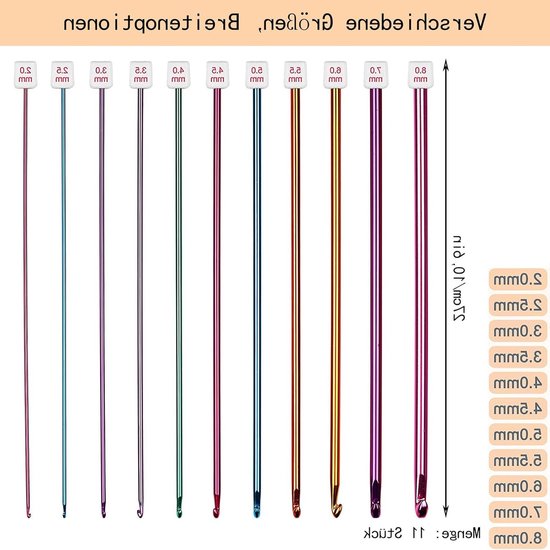 Tunisian haaknaald set van 11 stuks, 27 cm, kleurrijk, ideaal voor beginners en gevorderden, perfect voor haken en breien van Merkloos — afbeelding 2