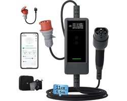 dé Mobiele Thuislader met APP 11kW - CEE naar Type 2 stekker EV oplader - Aanpassing met dubbele knop - 5 meter Laadkabel - 6A/8A/10A/13A/16A Huidige instelling - 3 fase - IP66 waterdicht laadstation - Wall-Mount Versie