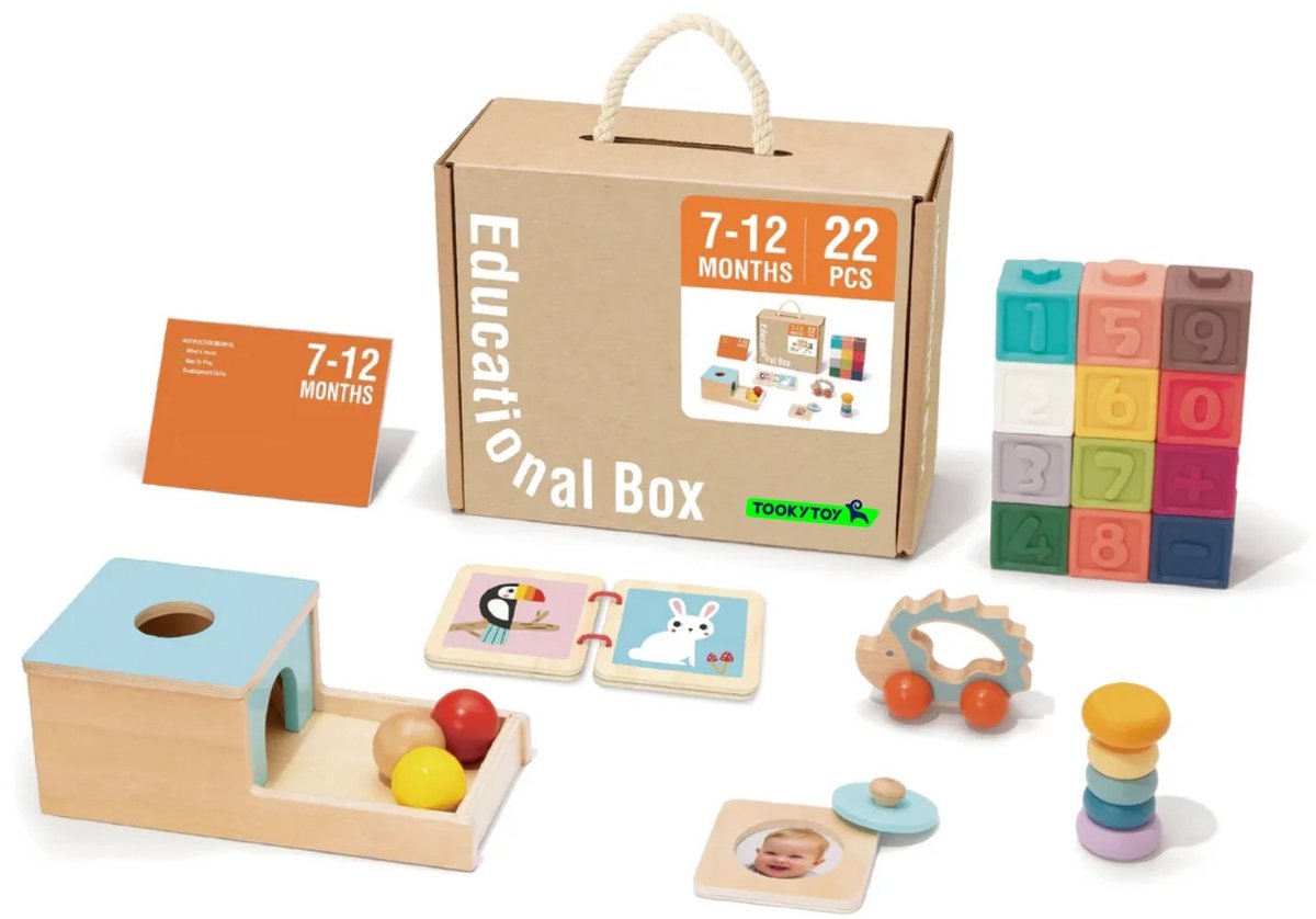 Tooky Toy Speelgoedbox - FSC Hout - 22-Delige Houten Speelset - 6+ Maanden tot 1 Jaar - Educatief & Montessori Speelgoed - Baby Cadeau - Kraamcadeau