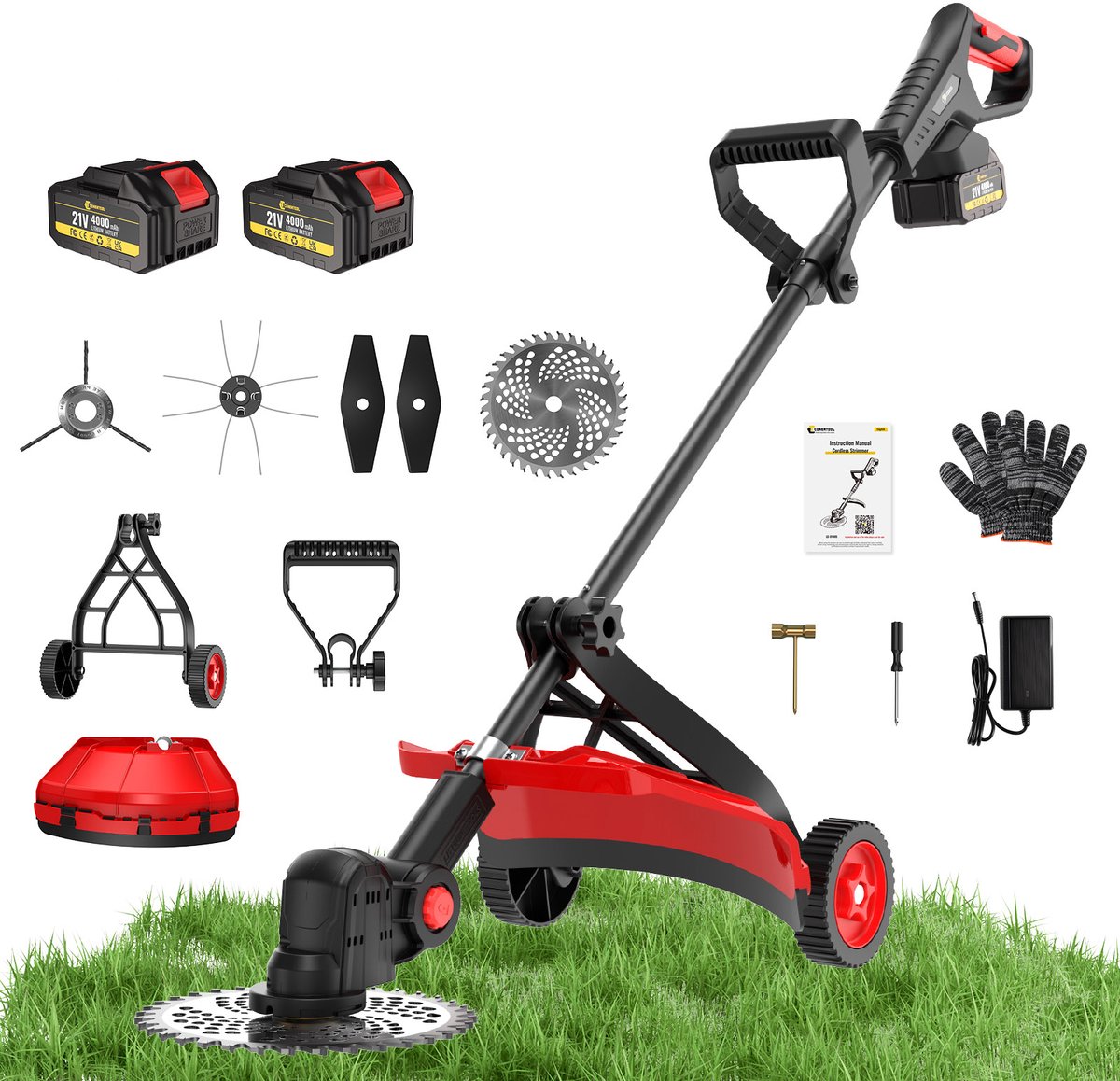 CONENTOOL 4-in-1 Bosmaaier Grastrimmer - 1200W Borstelloze Motor Draadloze Grasmaaier met 4000mAh x2 Accu's & LED Display, 90° Draaibare Werkkop, Met Hulpwiel, voor Tuin & Gazon