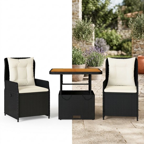 Ensemble de balcon pour 2 personnes - Ensemble de jardin - Ensemble Set de bistro - Zwart - Résistant aux intempéries - 3 pièces - Table de jardin et 2 chaises - 2 personnes - Résine Poly