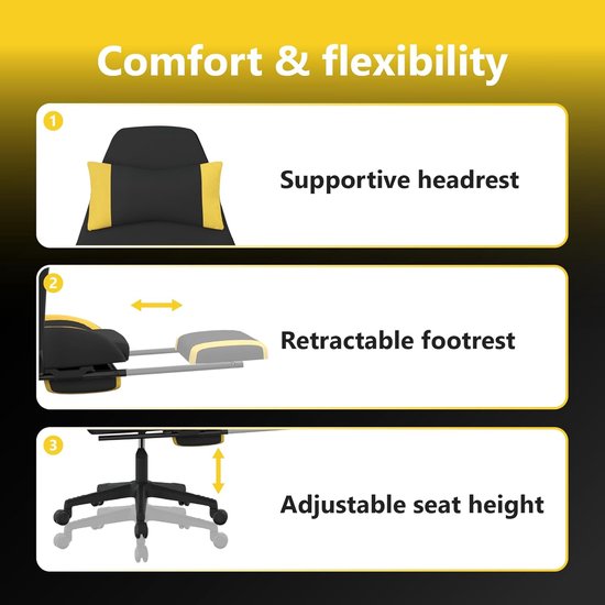 Gaming Stoel - Comfortabele Fauteuil - Ontspannen Zitten - Met Voetenbank - Twee Zetel Grootte - Zwart Geel — afbeelding 3