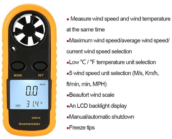 Windsnelheid Meter - Anemometer Windsensor - Luchtstroom Meten - Digitale LCD met achtergrondverlichting - 0-30 m/s - Oranje — afbeelding 4