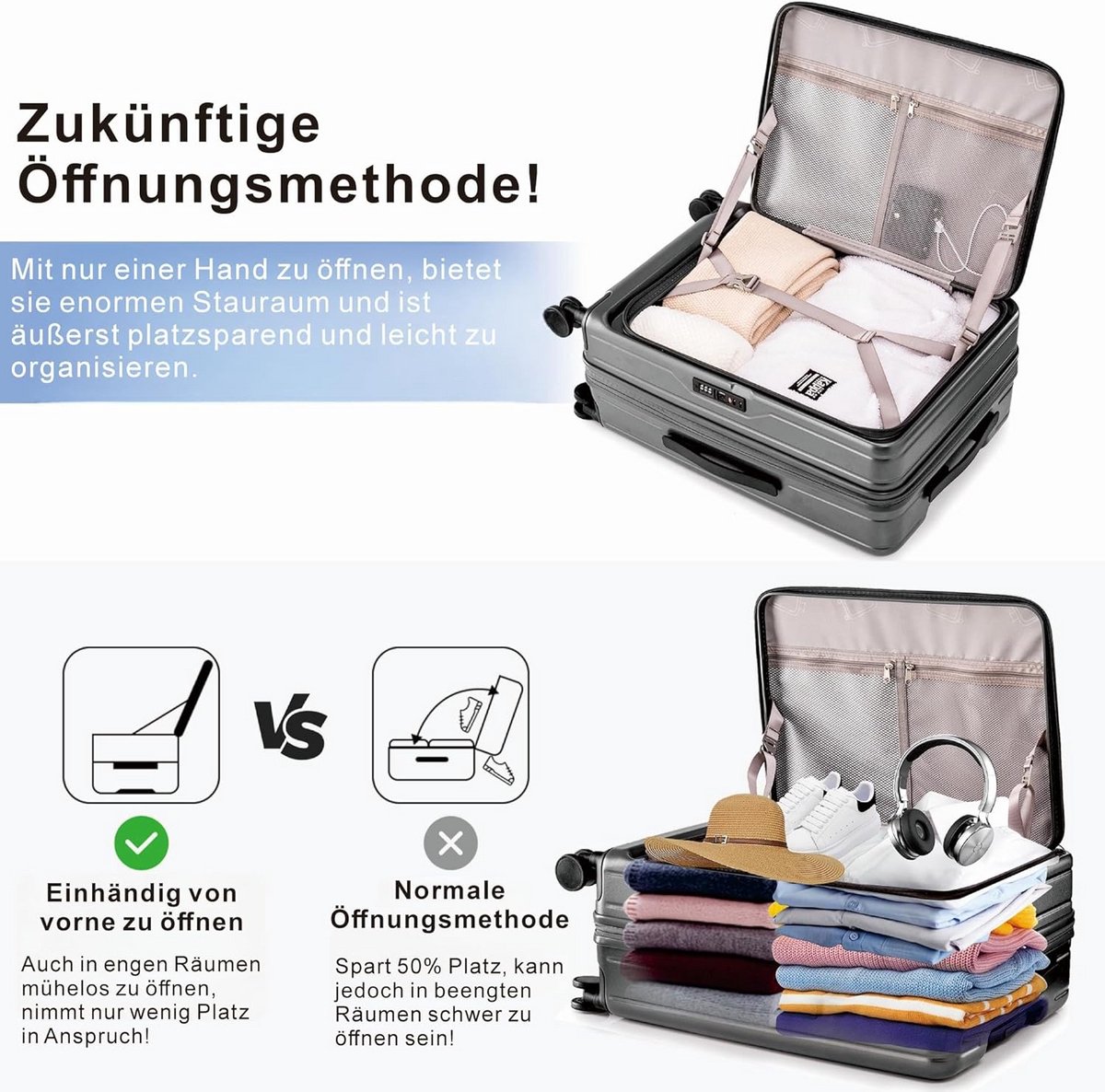 Harde Koffer Trolley - Uitschuifbaar en Met Dubbele Wielen - Handbagage en Reisbagage Set - Zwart – foto 3