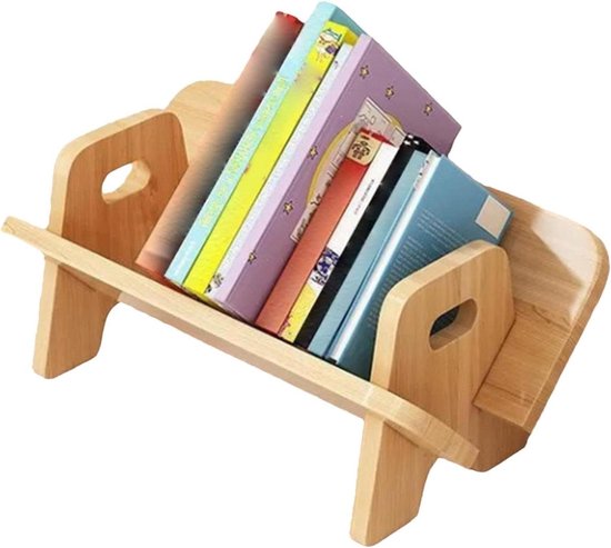 Foto: Bureaurek houten boekenplank kleine boekenkast bureau boeken organiseren uniek v vormig design