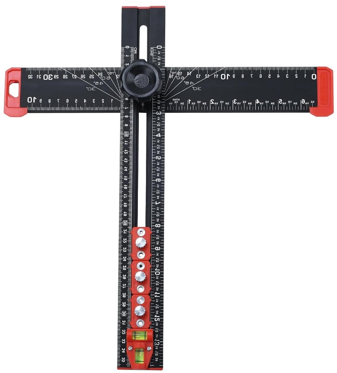 4-in-1 Positioneringsliniaal voor Boormachines, Aluminium T-Liniaal, Multifunctionele T-Square Liniaal voor het Installeren van Handgrepen en Knoppen op Deuren of Lades, 35 cm