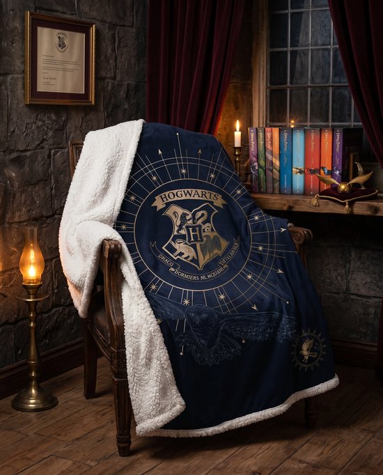 Donkerblauwe plaid met het wapen van Zweinstein en een uil in goudkleurige opdruk. De rand is wit en wollig.
