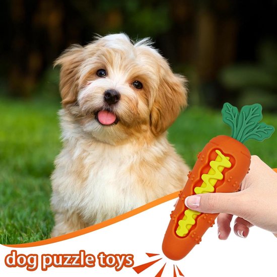 Bruine puppy met tong uit zijn mond, naast een oranje wortelspeeltje met geel zigzag-element.