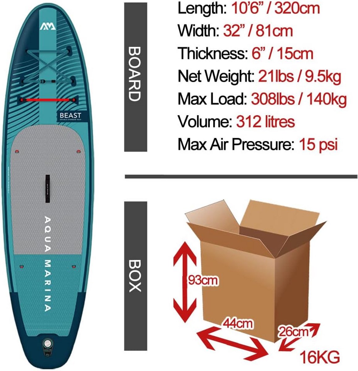 10ft6in Opblaasbaar Stand Up Paddleboard - 320 cm - Meer Volume & Laadvermogen - Diamantstructuur Voetpad - Double Stringer Technologie - Stijf & Stabiel - Aqua Marina BEAST Premium iSUP Pakket – foto 7