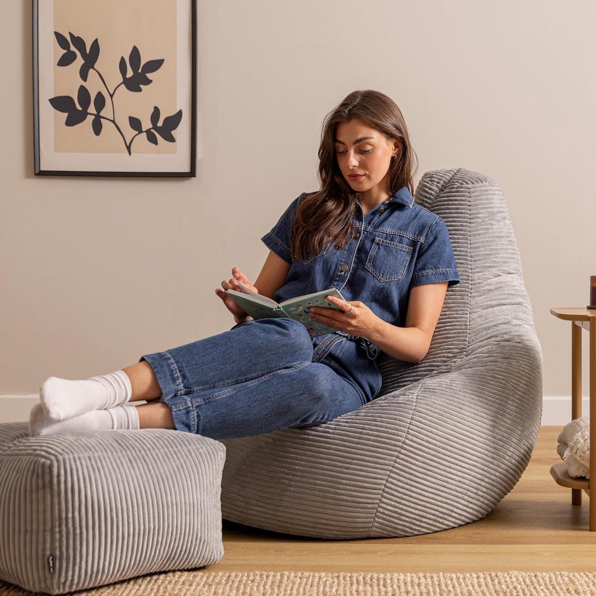 XXL Corduroy Zitzak met Voetenkruk – Gaming Loungestoel met Rugleuning en Vulling 92 x 94 