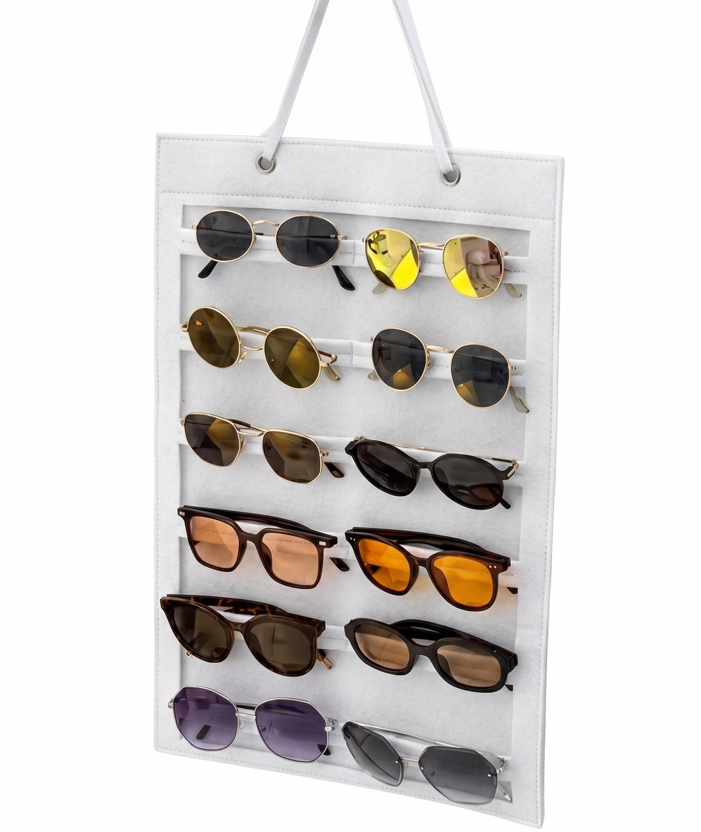 Zonnebrillen Organizer 12 Vakken - Wit - Vilten Ophangbare Brillenhouder - Wandmontage - Ruimtebesparend - Ideaal voor Thuis, Studenten of Winkels - Brillen Opbergen & Display - Handige Brillen Opberger