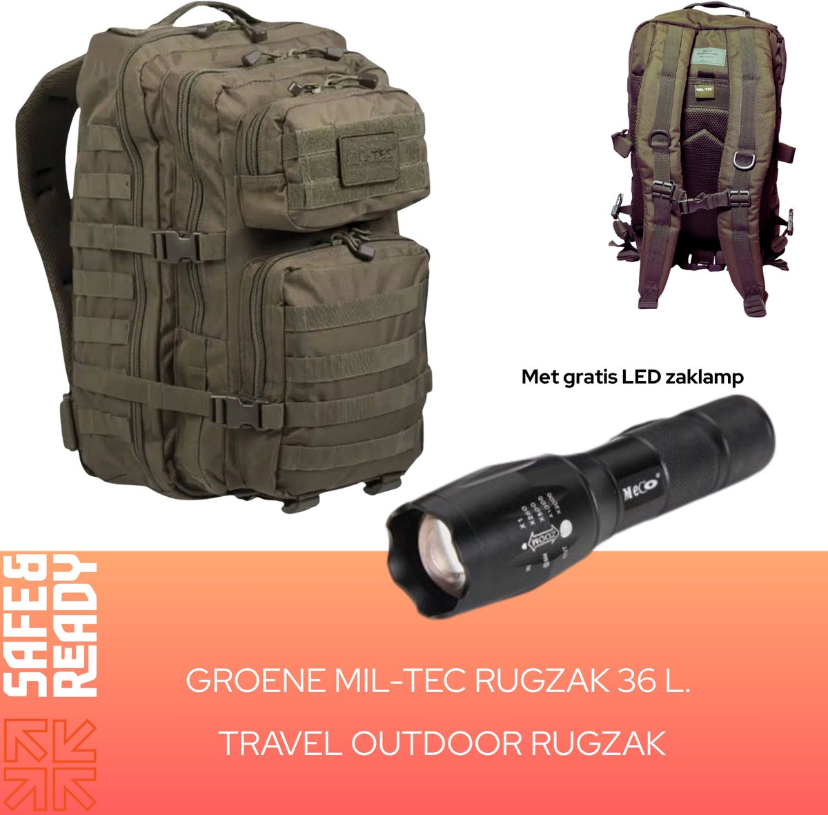 Mil-Tec US Assault Molle Backpack - Rugzak - 36 Liter - Olive - MET GRATIS LUXE LED ZAKLAMP !!