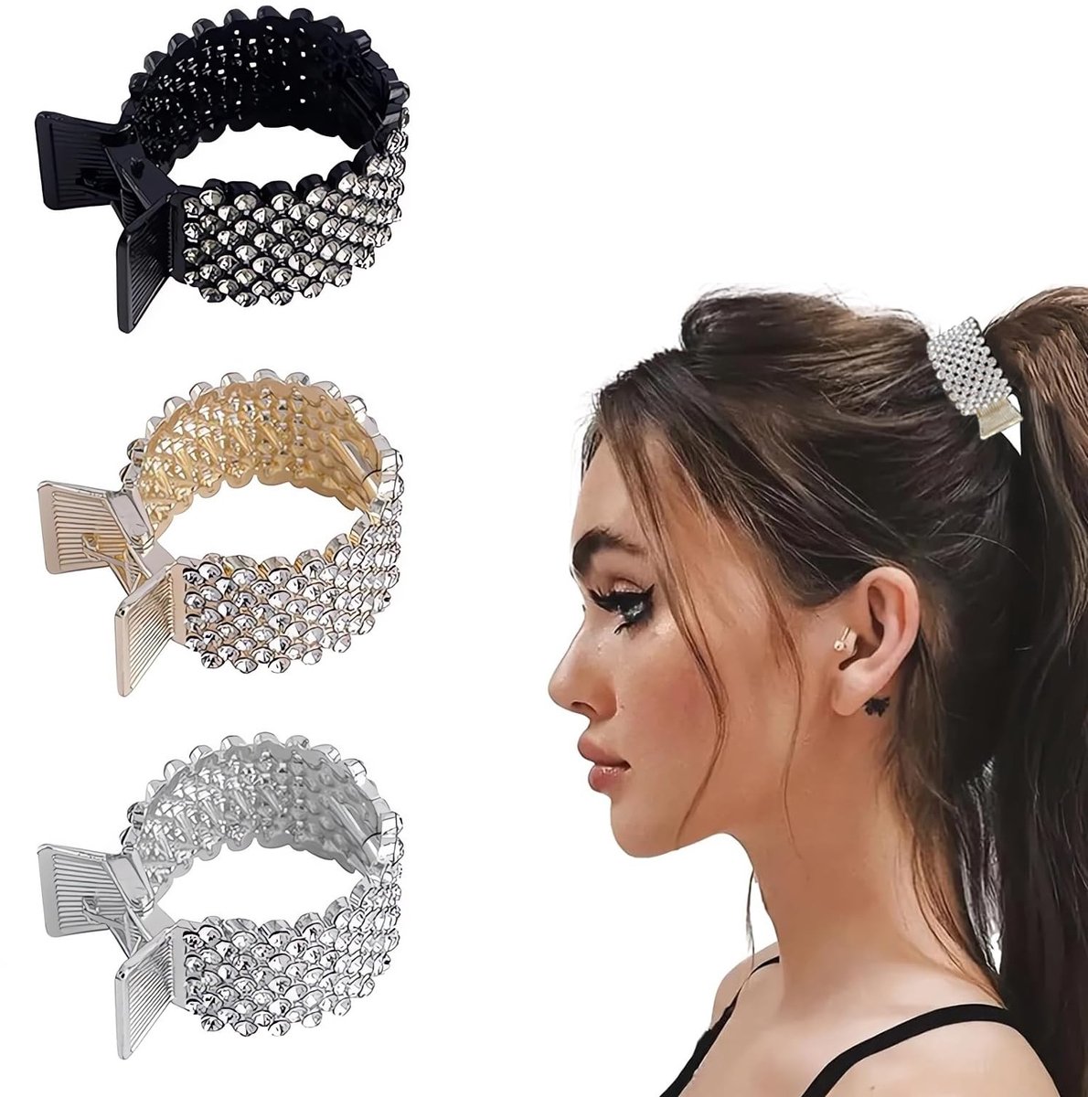 NTH products- Haarspelden met strass - 3 stuks - Antislip - Duurzaam - Geschikt voor dik krullend haar - Ideaal voor dames - Elegant ontwerp - Haaraccessoires