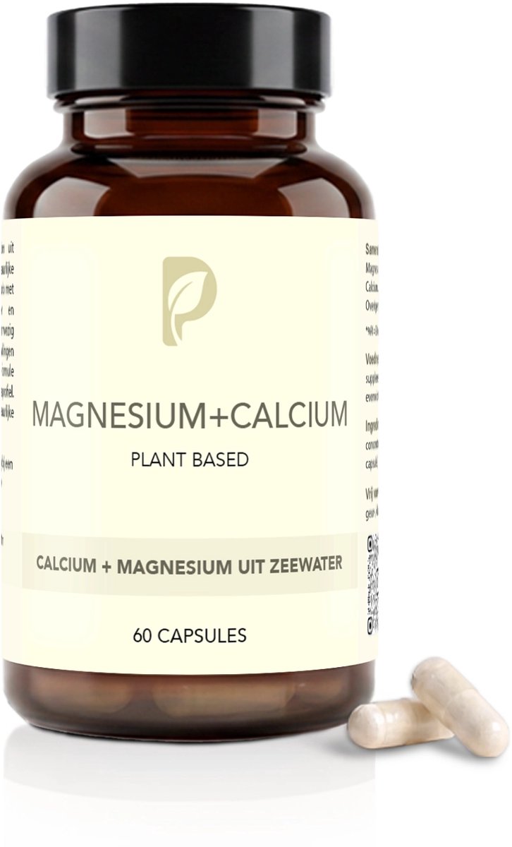 Plant Based Body – Magnesium + Calcium – Natuurlijke Verhouding uit Zeewater met Sporenelementen – Ondersteunt Botten, Spieren en Zenuwstelsel – Verbeterde Opname – 60 Vegan Capsules