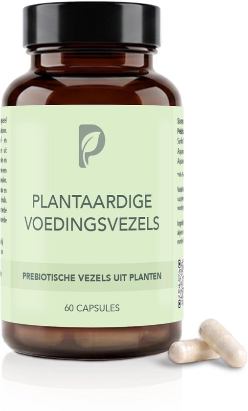 Bruine fles met groen label met 'Plantaardige Voedingsvezels' en 'Prebiotische vezels uit planten'. 60 capsules.
