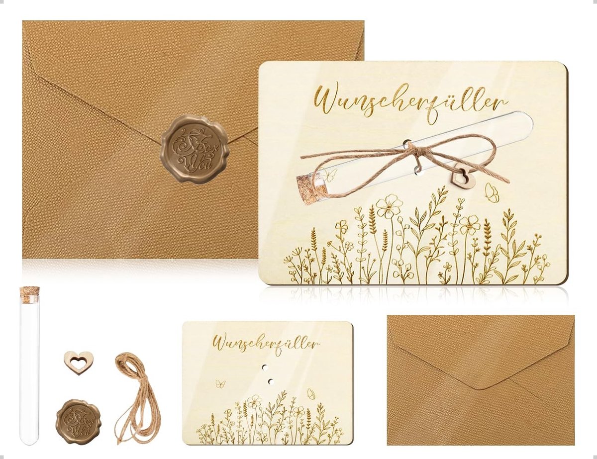 Cosensi- Wenskaarten Set - Houten Wenskaarten - Reageerbuizen - Henneptouw - Envelop - Elegant en Duurzaam