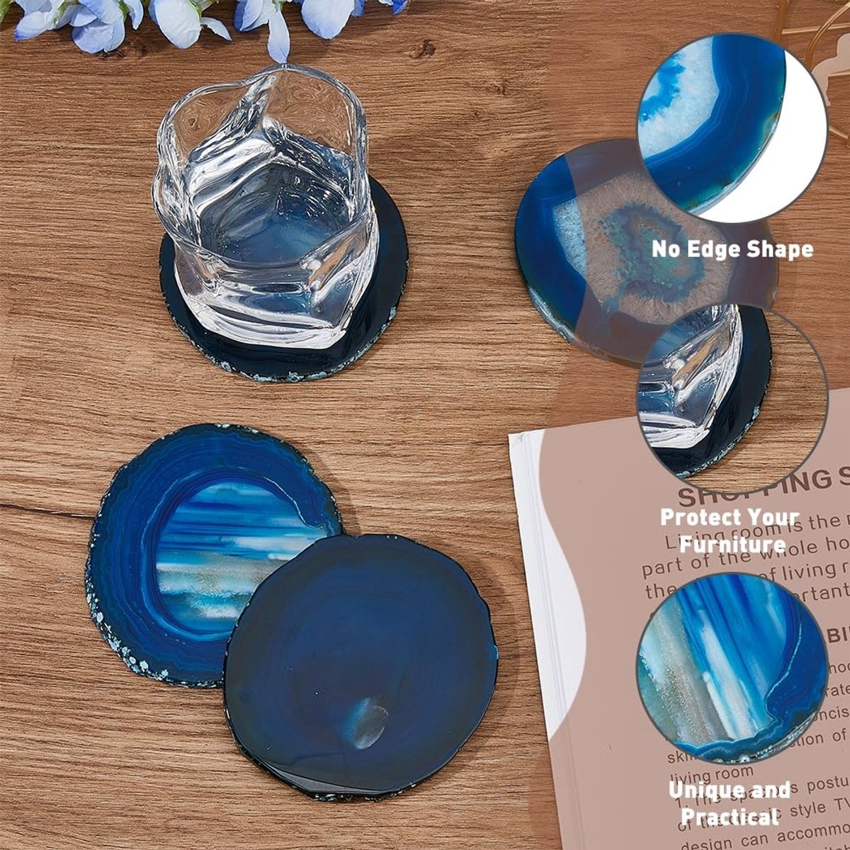 Cosensi- Onderzetters Natuurlijke Agaat - 4 Stuks - Steen - Tafelbescherming - Unieke Vorm - Pruisisch Blauw - 94-108 mm groot - Onderzetter