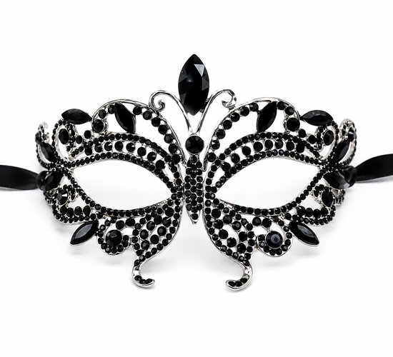 Elegant Zwart Gala Masker met Zwarte Kristallen – Luxe Oogmasker voor Masquerade & Feest
