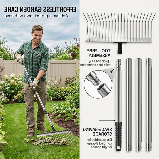 Robuuste Tuinhark met RVS Handvat van 160 cm en 21 Tanden, Ideaal voor Bladeren, Gras en Mulch, 40 cm Brede Hark voor Tuin en Gazon — afbeelding 3