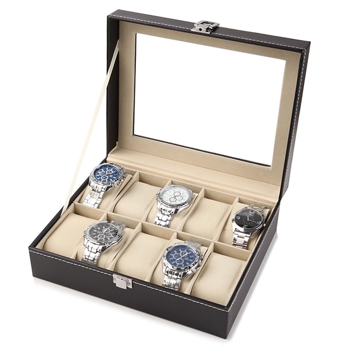 Cosensi- Horloge Opbergdoos - 10 Sleuven - Lederen Buitenkant - Zachte Fluwelen Binnenkant - Bescherming tegen Stof en Krassen - Duidelijk Doorkijkje - Horlogekast