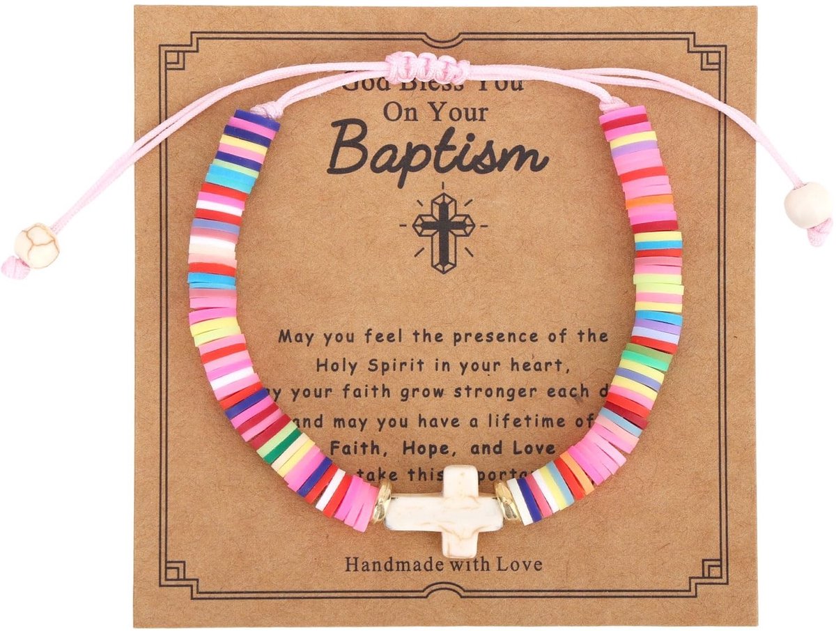 Cosensi- Doopcadeau Verstelbare Kruisarmband - Doopsieraden - Zegenkaart - Religieuze Cadeaus - Geloofssymbool - Materiaal: Zachte Klei - Armband
