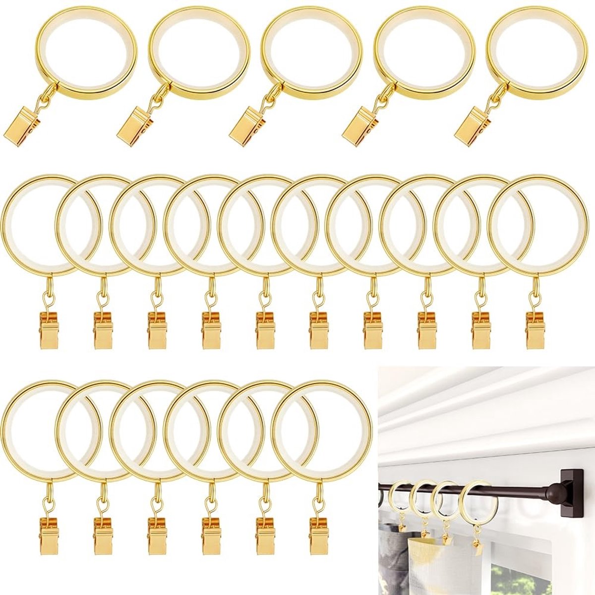 Cosensi- Gordijnringen 24-delig - Gouden Gordijnringen met Haakje - Binnendiameter 42mm - Geschikt voor Gordijnroeden - Elegant Interieur Accessoire - Gordijnclips