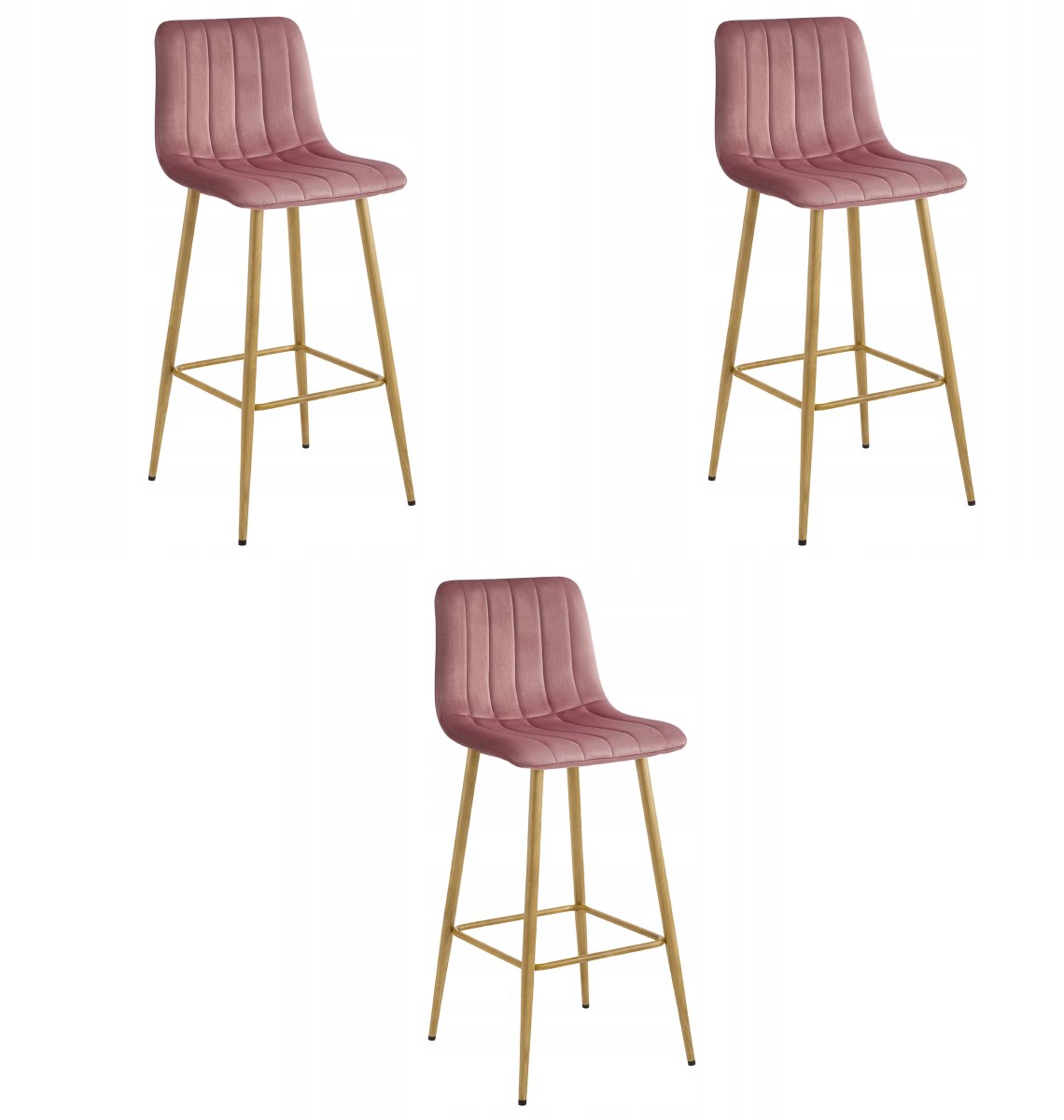 LEOBERT POZZA Barkrukken – Set van 3 – Roze Velvet – Eikenkleurige Metalen Poten – Met Rugleuning – Modern Design – Voor Keukeneiland, Bar en Keuken