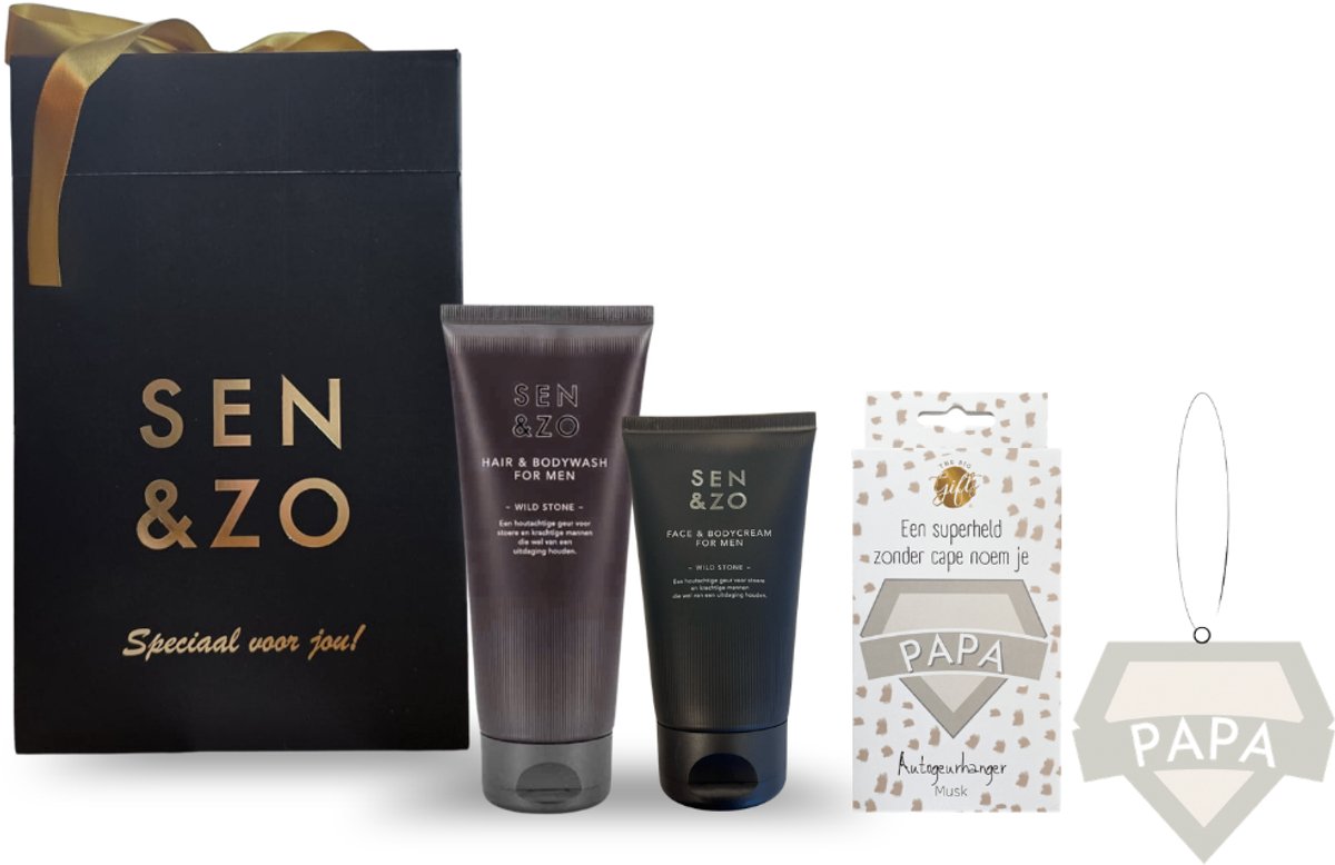 Sen&Zo Cadeauset voor Mannen – Hair & Bodywash + Face & Bodycream + Papa Autogeurhanger – Vaderdag Cadeau – Verzorgingsset Heren