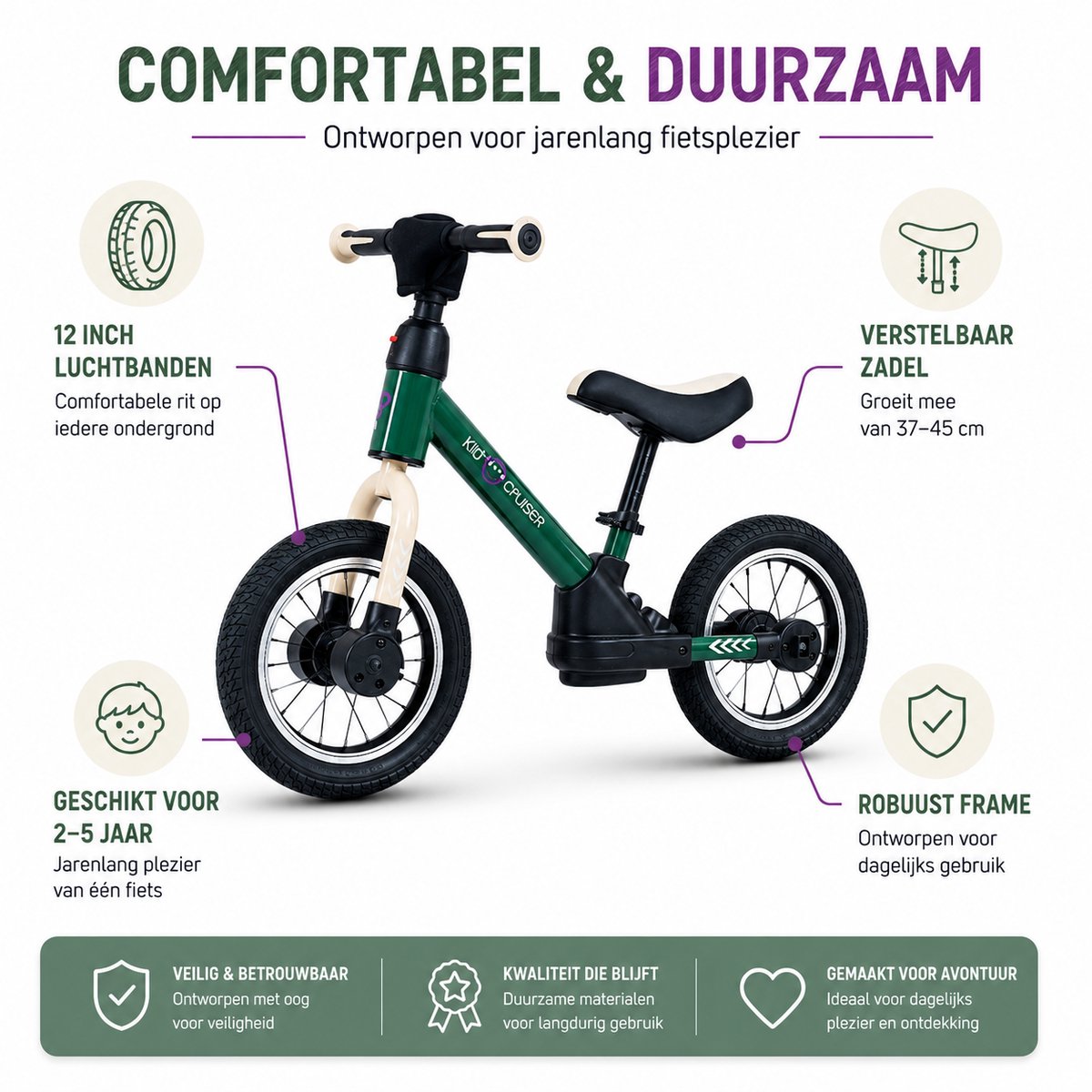 Kidcruiser Loopfiets 2+ jaar - Optioneel met LED Zijwieltjes & Trappers - 3-in-1 Kinderfiets - 12 inch – Donker Groen & Creme wit – Modulair Design - Driewieler loopfiets — afbeelding 8