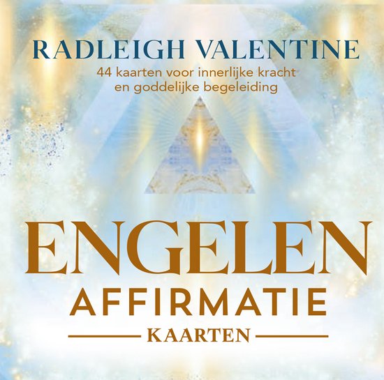 Boekomslag 'Engelen Affirmatie Kaarten' met gouden tekst op achtergrond van stralend licht.