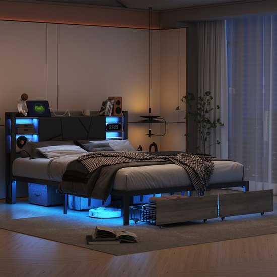 Metalen Bed 160x200 cm met LED-verlichting, USB-poort en 2 Opberglades – Gestoffeerd Tweepersoonsbed met Opbergruimte & Lattenbodem – Industrieel Design PU Zwart – Zonder Matras
