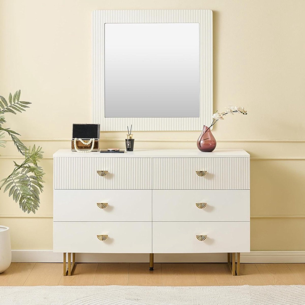Dressoir met spiegel - Ladekast set - Opbergen en decoreren - Gouden handgrepen - 120x40x75 cm - Wit