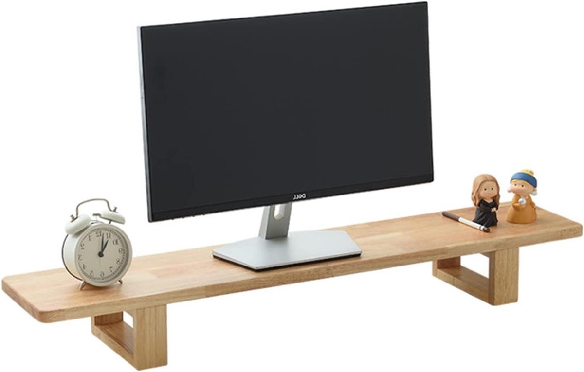 Houten Monitor Stand - Bureau Verhoger - Bureau Organisatie - Massief Hout - 80CM Breed - Natuurlijk Hout
