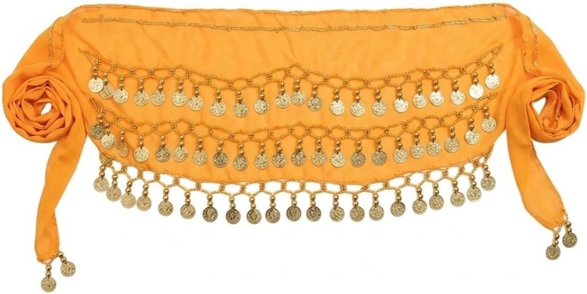 Bauchtanz Gürtel in Oranje met 72 Gouden Munten - Chiffon Hüfttuch voor Dans en Kostuumaccessoires - 145 cm voor Comfortabel Dansplezier