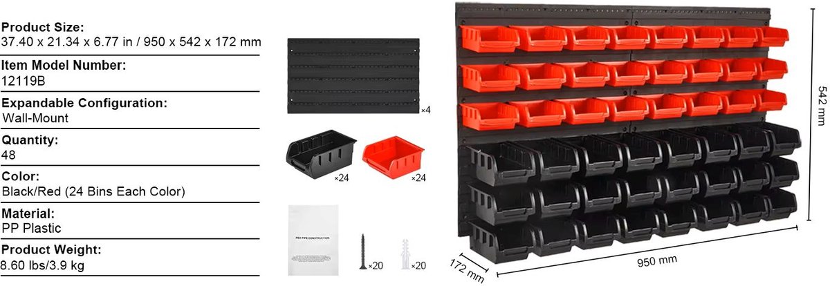 Venzor - Wandgemonteerde Opbergset 48‑delig – Met Wandpanelen & Haken – Kunststof Onderdelenbakken voor Garage, Werkplaats & Gereedschap – Zwart/Rood