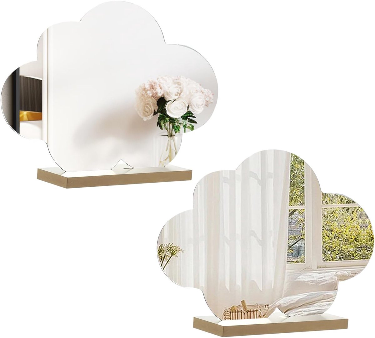 Set van 2 Wandeloze Acryl Tafelspiegels in Wolkvorm met Houten Basis