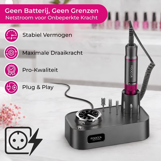 FOOCCA® Elektrische Nagelvijl - Nagelfrees 45000 RPM - Desktop Pro - LED Verlichting - 12 Bitjes + 65 Schuurrolletjes + 2 Accessoires - Nagelstofkap - Manicure en Pedicure Set - Eeltverwijderaar - Kalknagels