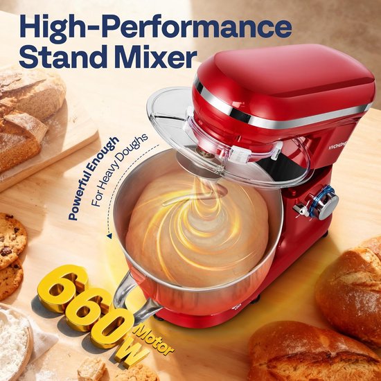 Keukenmachine 5,7L - 1500W Staande Mixer - 10 Snelheden - Met Spatdeksel - Rood — afbeelding 3