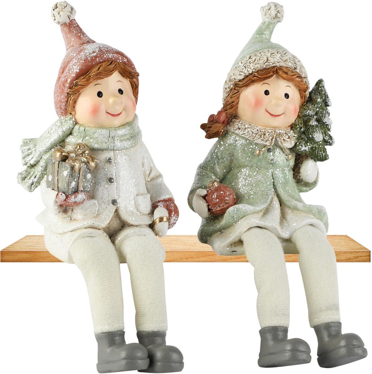 Dekoratief | Winterkindje m/hangbenen, groen/wit, resina, 8x7x13cm, set van 2 stuks | A265298