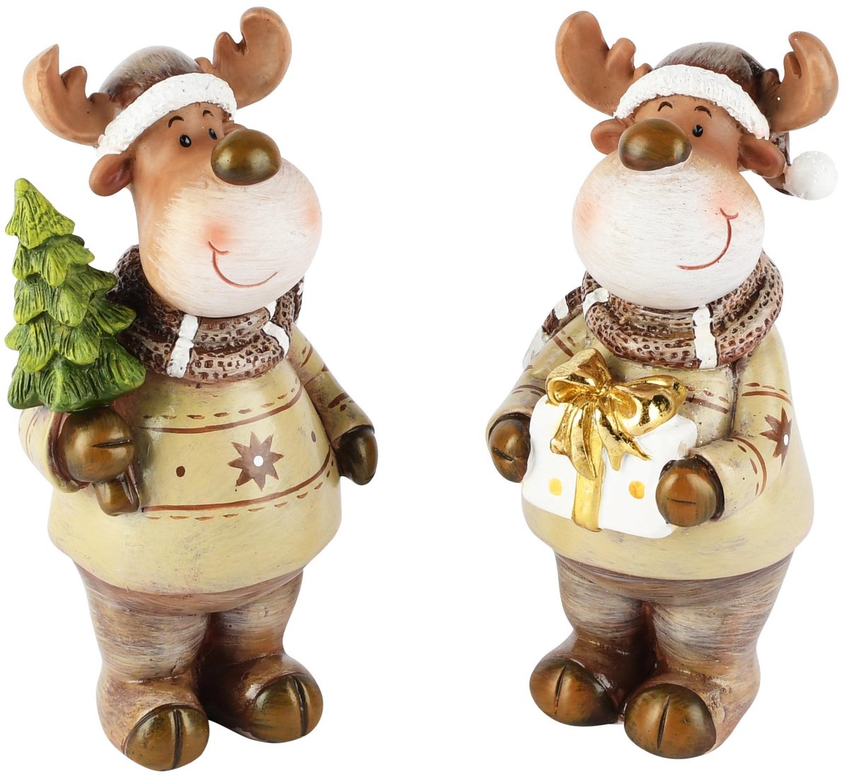 Dekoratief | Rendier staand m/boompje/cadeautje, resina, 7x6x14cm, set van 2 stuks | A265115