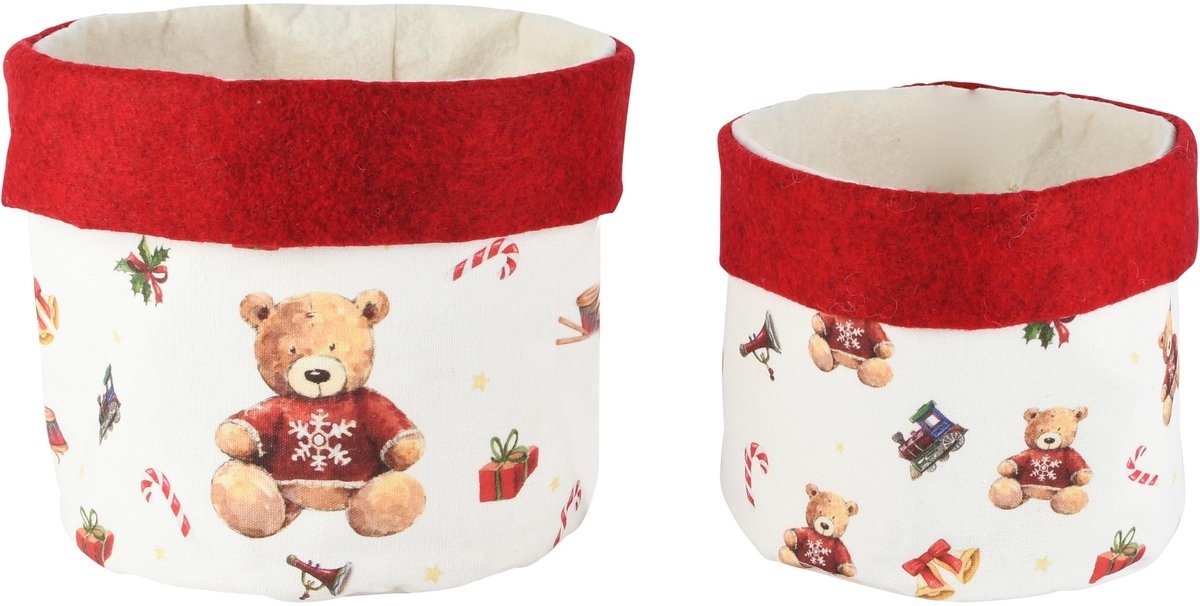 Dekoratief | Set 2 zakken 'Winter Bear', wit/rood, stof, 17x17x17cm | A265266