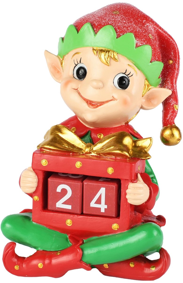Dekoratief | Elfje m/kalender, rood/groen/goud, resina, 12x12x19cm | A265443